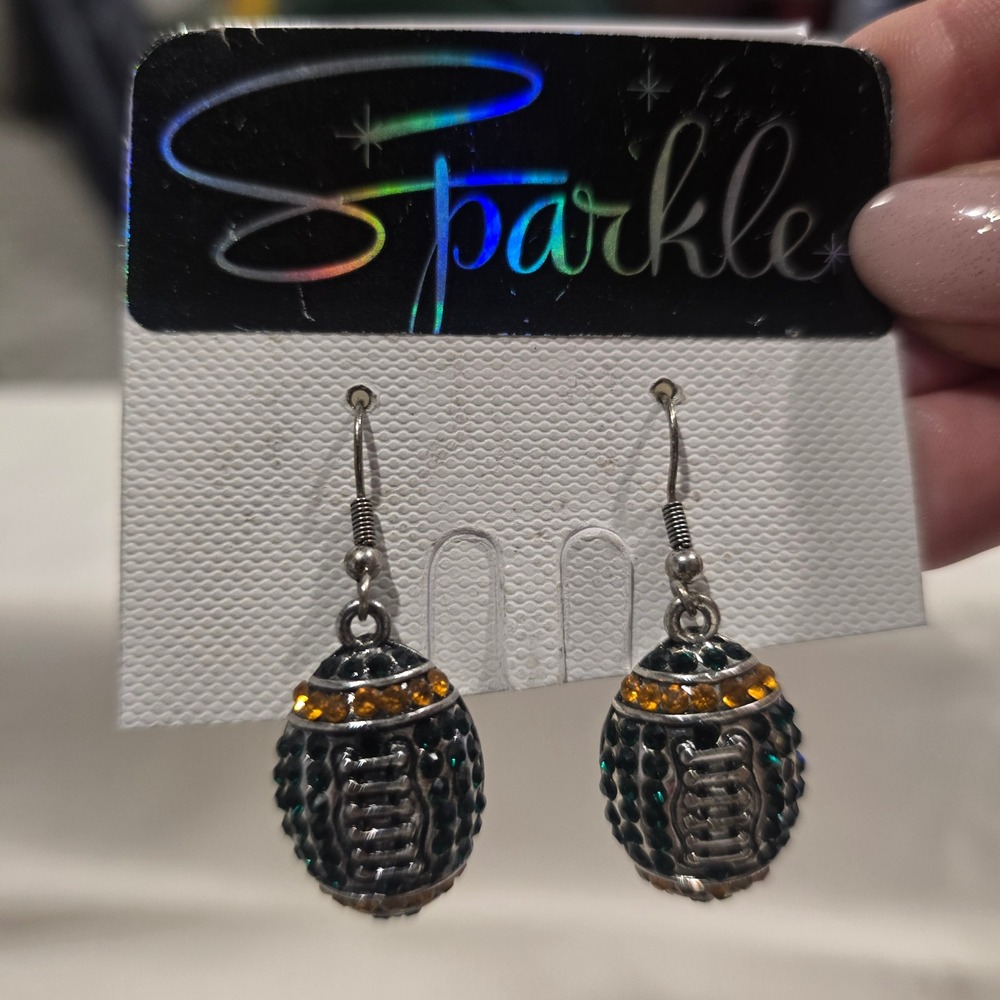 Green‎ Bay Packer Green Emerald Football Earrings Rhinestone Silver Tone Dangle